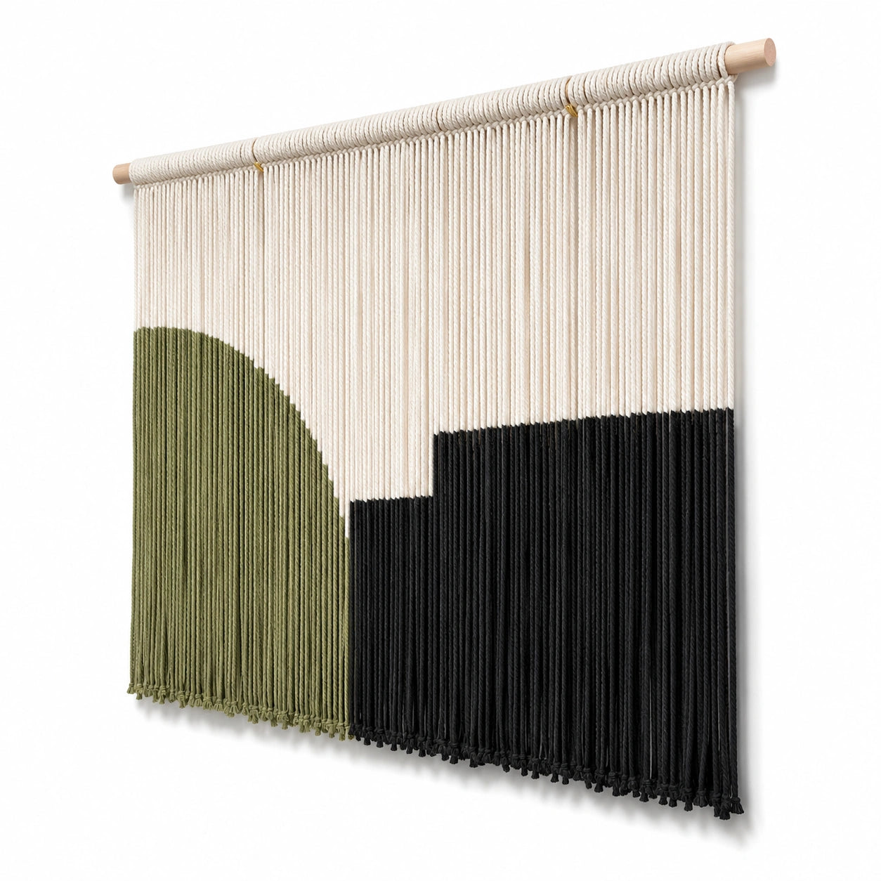 Wandteppich 80 x 100 cm aus Textilkordel in Creme Olivgrün Schwarz geometrisches Wanddekor