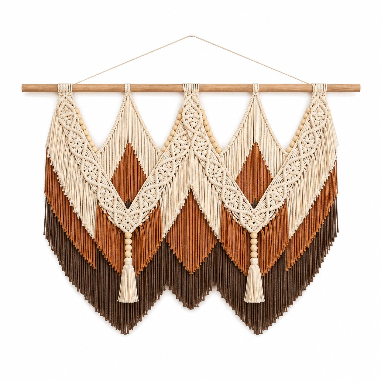 Makramee-Wandbehang 110 x 90 cm aus Baumwolle in Creme Braun mit Fransen für Wohnräume