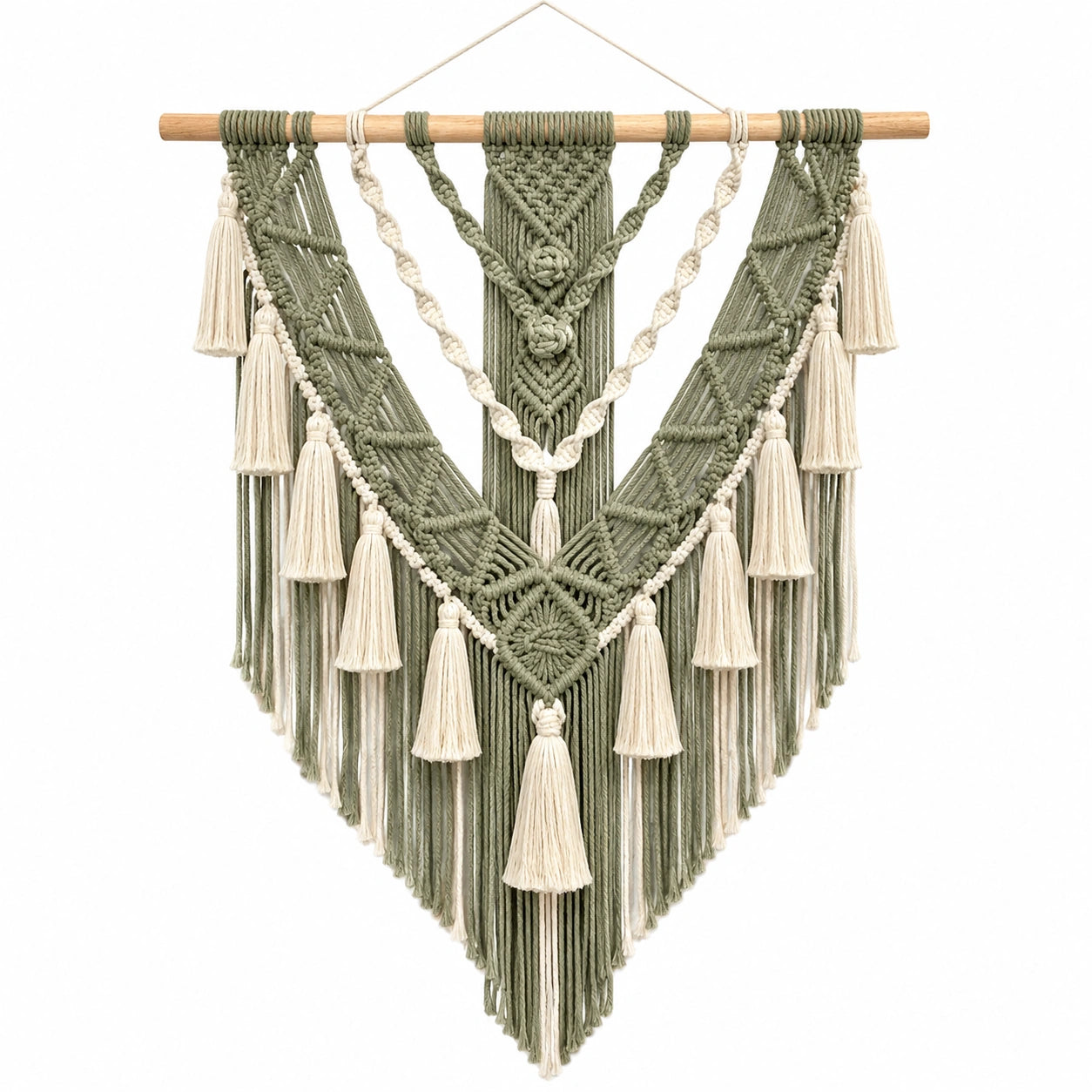 Makramee Wandteppich 90 x 105 cm Baumwolle Salbeigrün Creme Boho Wanddekoration