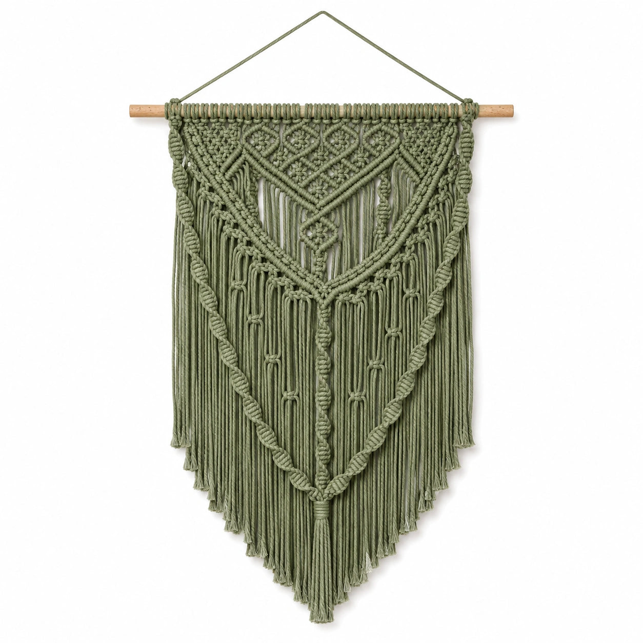 Makramee Wandbehang 50 x 90 cm aus Baumwolle Grün mit Holzstab im Boho Stil