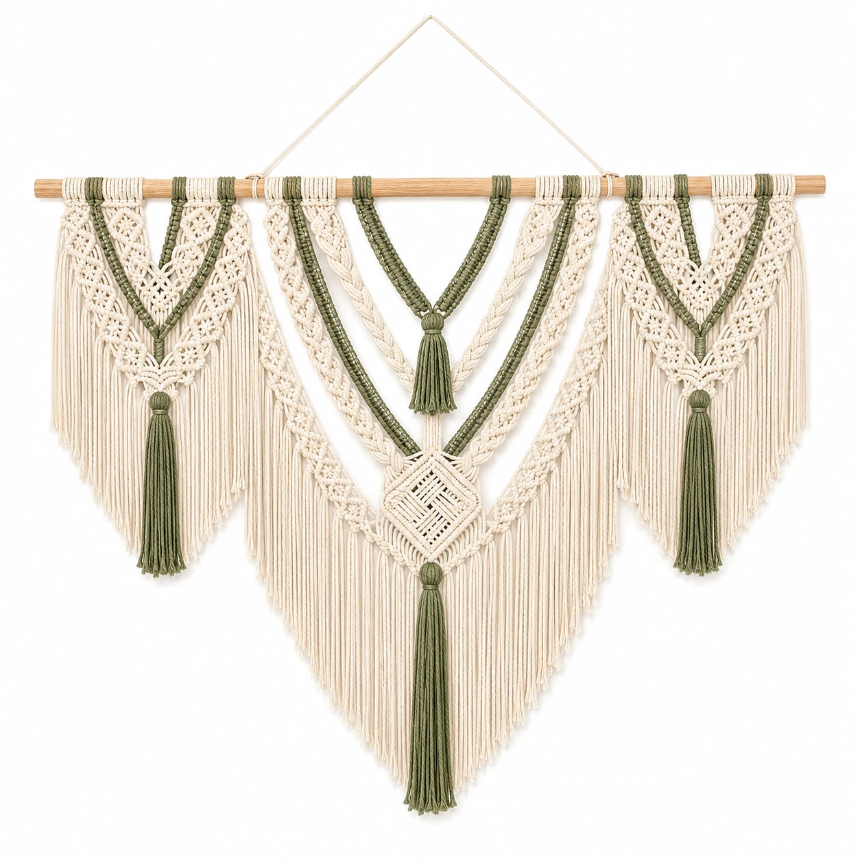 Makramee Wandbehang 100 x 100 cm Baumwolle Beige Grün mit Holzstab Boho