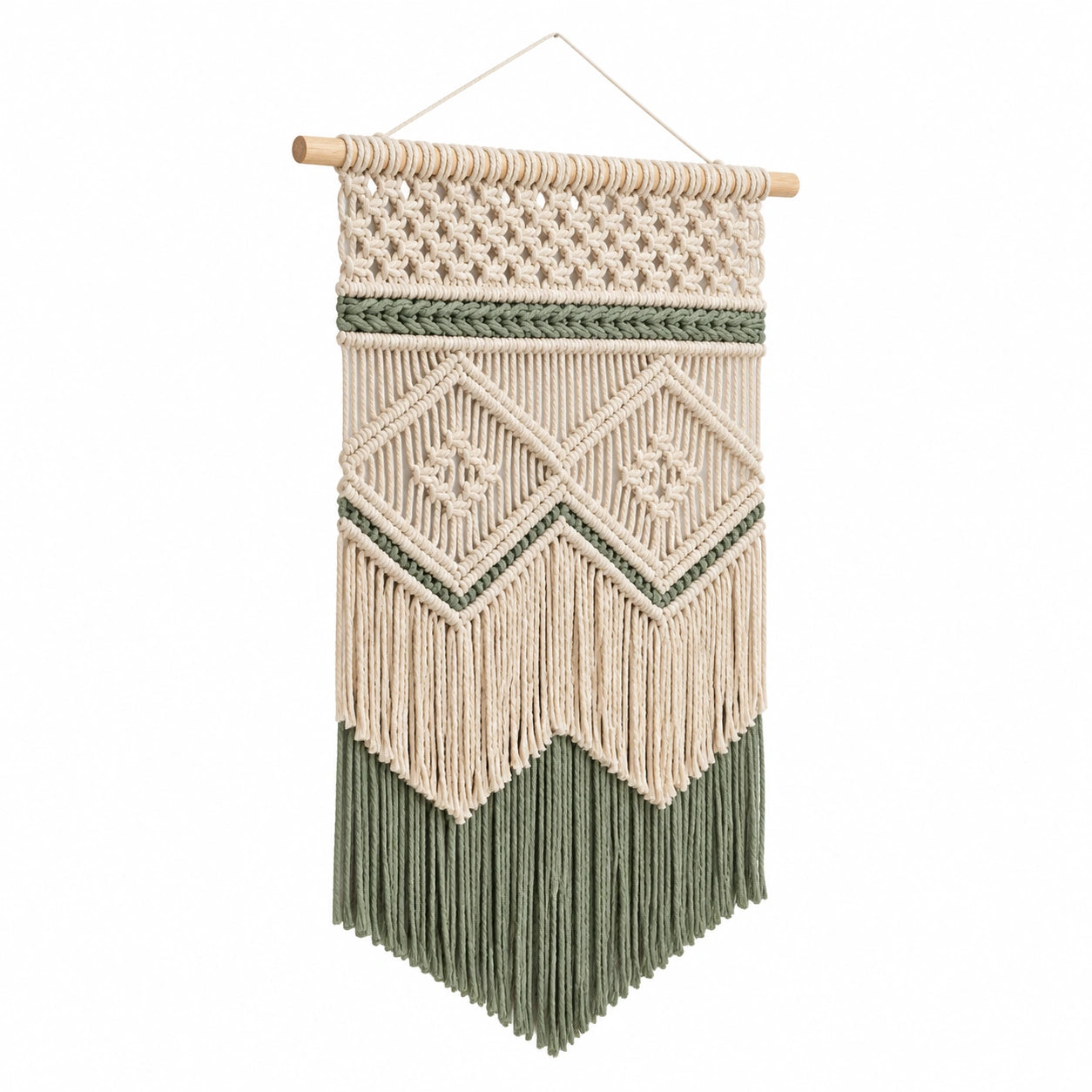 Makramee Wandteppich 40 x 80 cm aus Baumwollkordel in Beige Grün mit Holzstab im Boho Stil