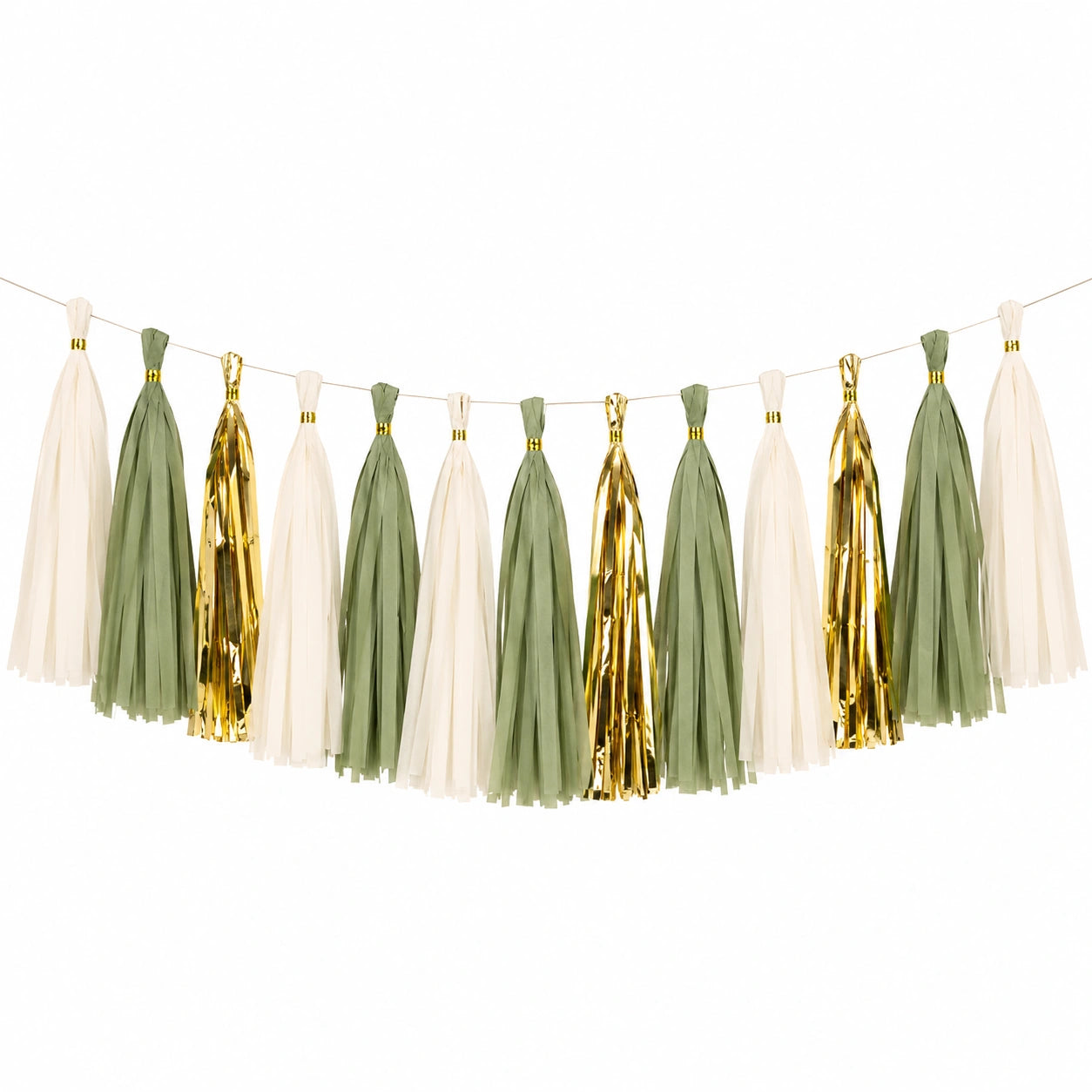 Quastengirlande 180 cm aus Papier Grün Creme Gold hängende Partydekoration