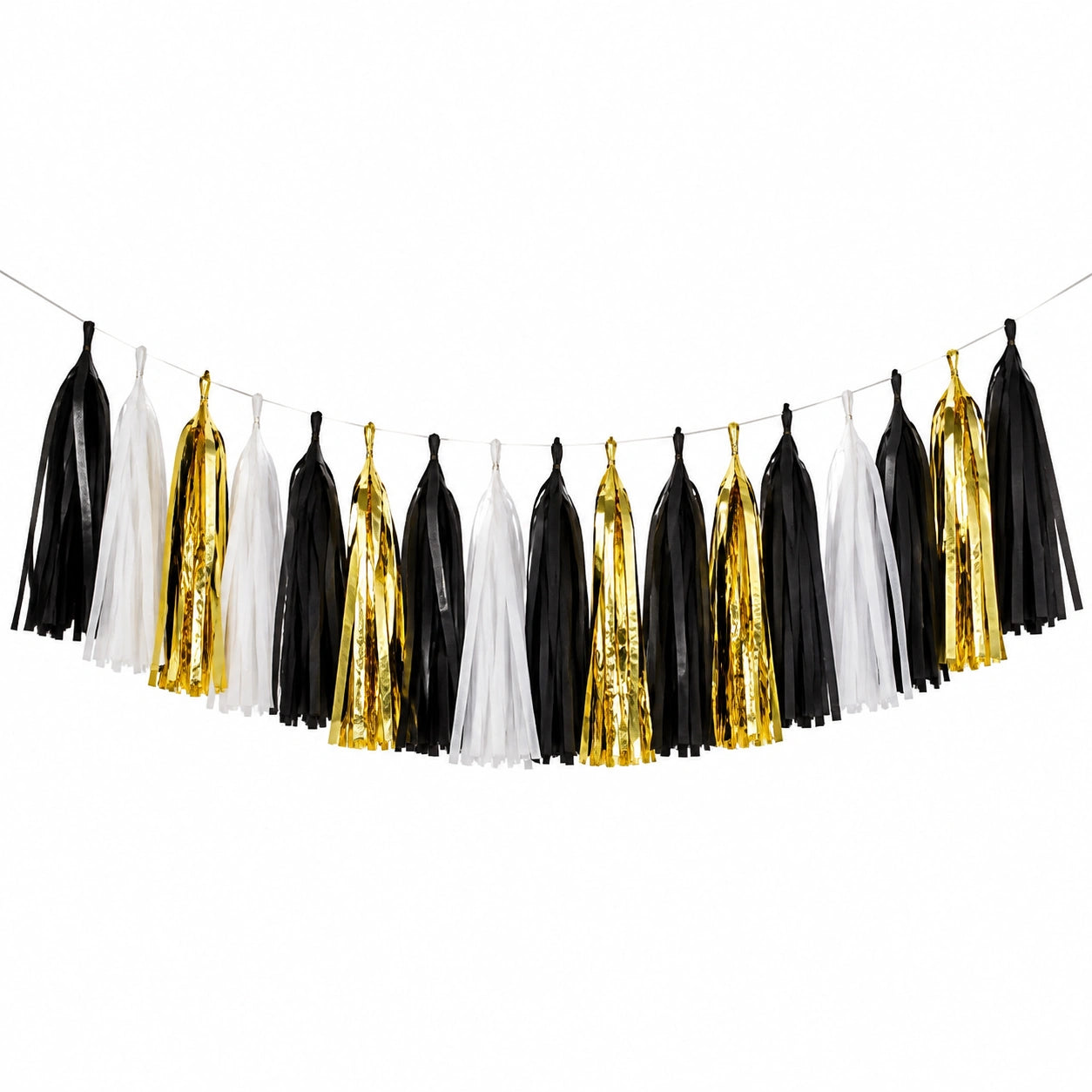 Quastengirlande 300 cm x 30 cm Kunststofffolie Schwarz Weiß Gold hängende Partydekoration