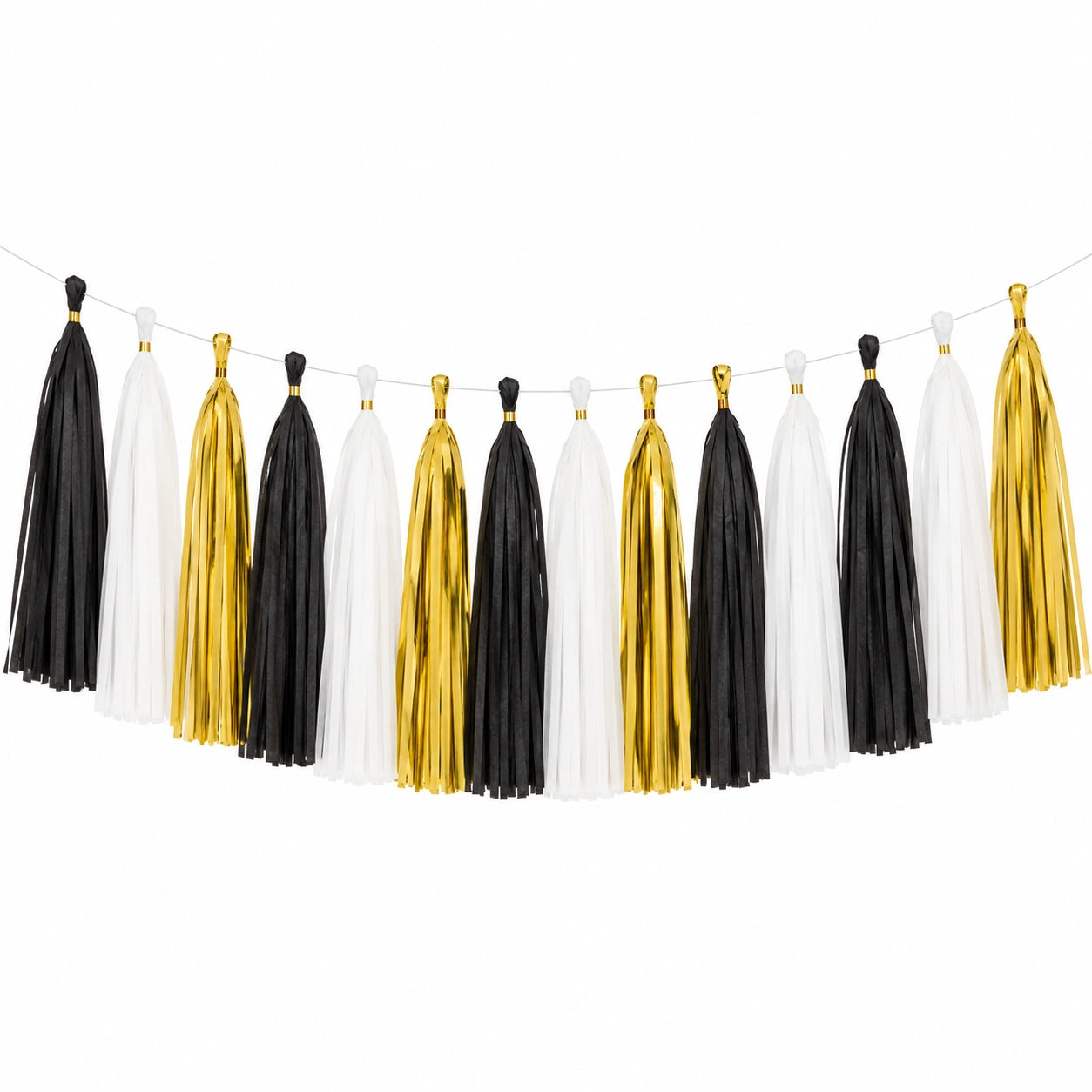 Quastengirlande 300 cm Papier und Folie Schwarz Weiß Gold für Partydekoration
