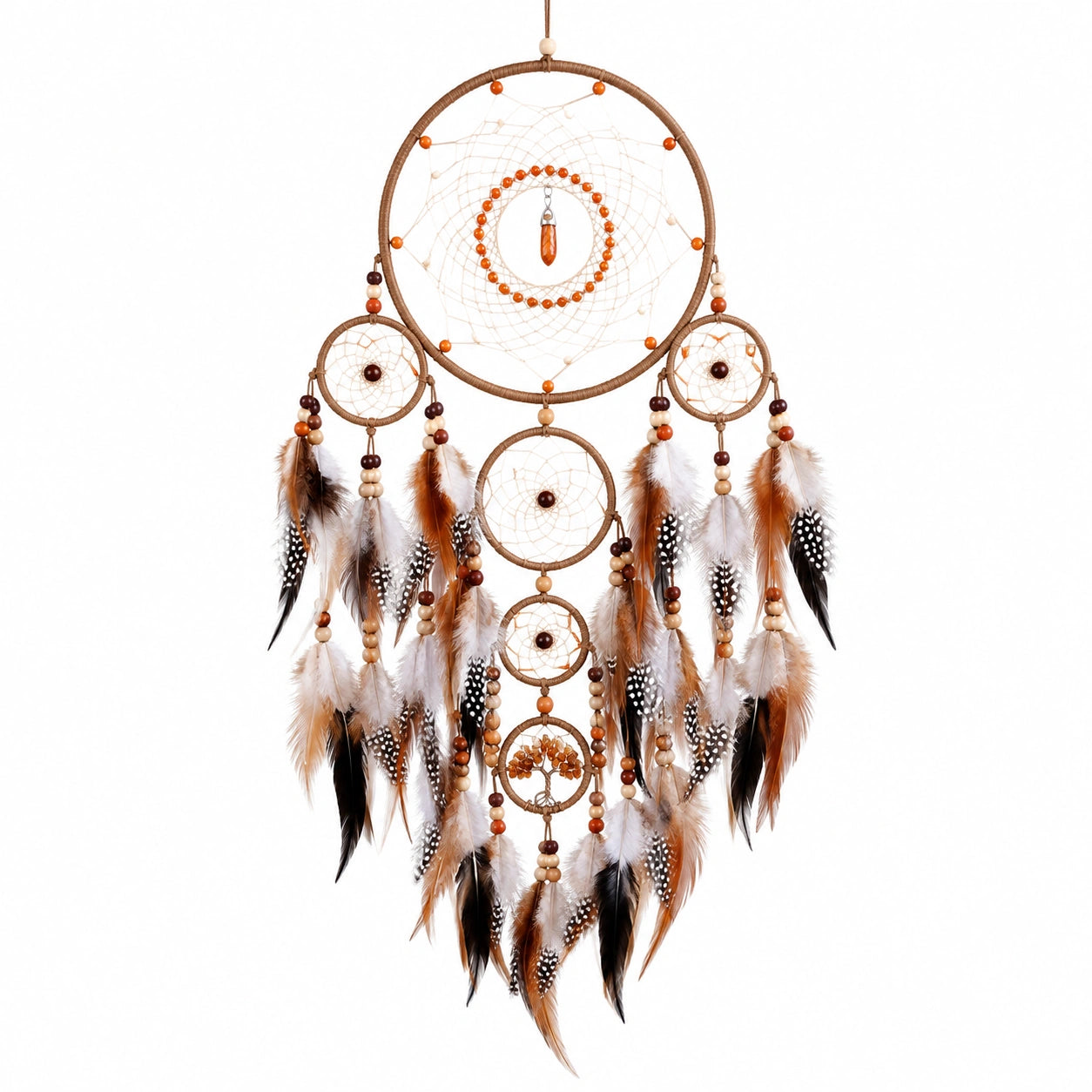 Traumfänger 45 x 100 cm mit Federn Holzperlen Braun Weiß Boho Wanddeko
