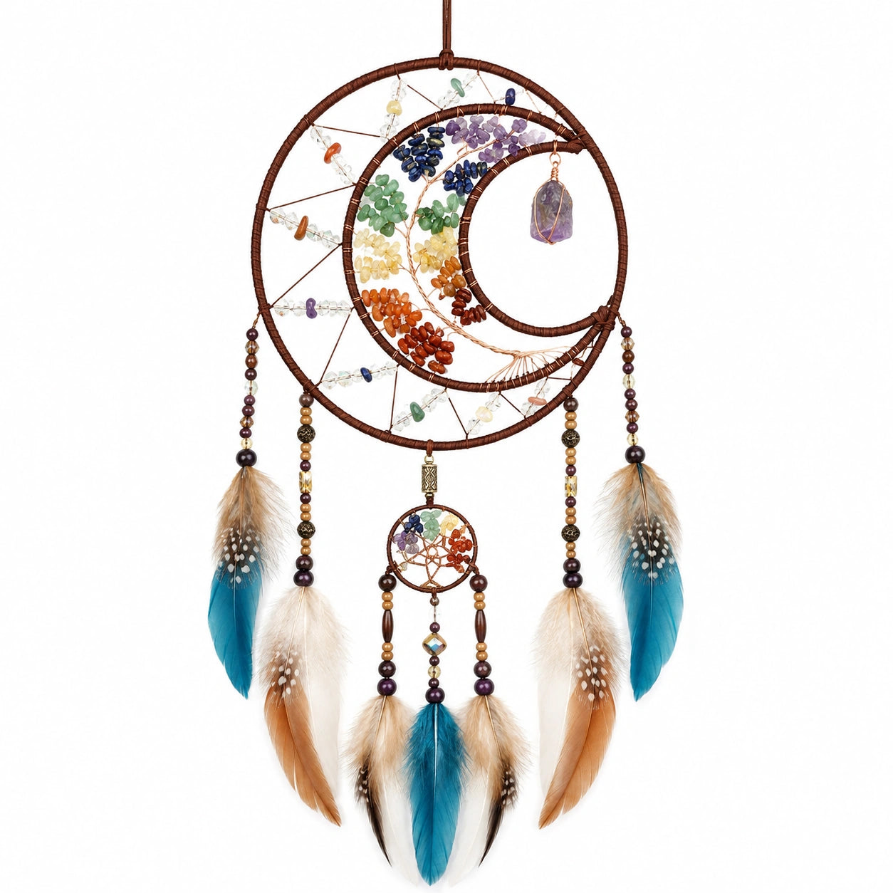 Traumfänger Wanddekoration 45 x 100 cm Braun Blau mit Federn Perlen und Steinoptik im Boho-Stil