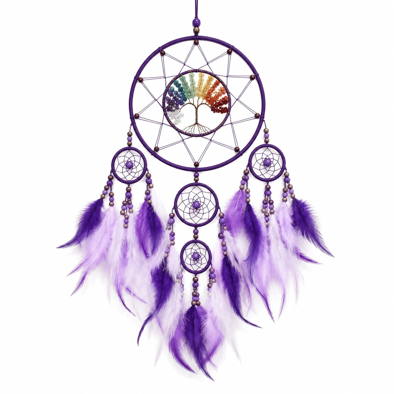 Traumfänger Wanddekoration 40 x 90 cm Violett Textil Federn Lebensbaum Hängedekor