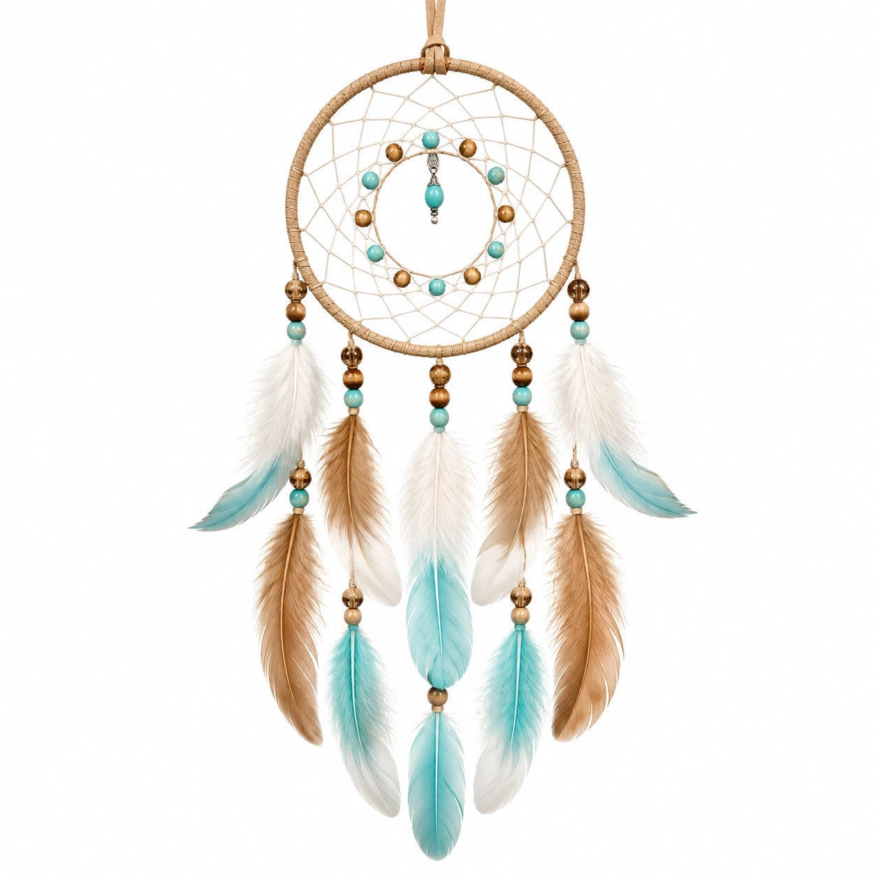 Traumfänger 30 x 75 cm mit Federn in Türkis Weiß Braun - geflochtener Wandbehang im Boho-Stil