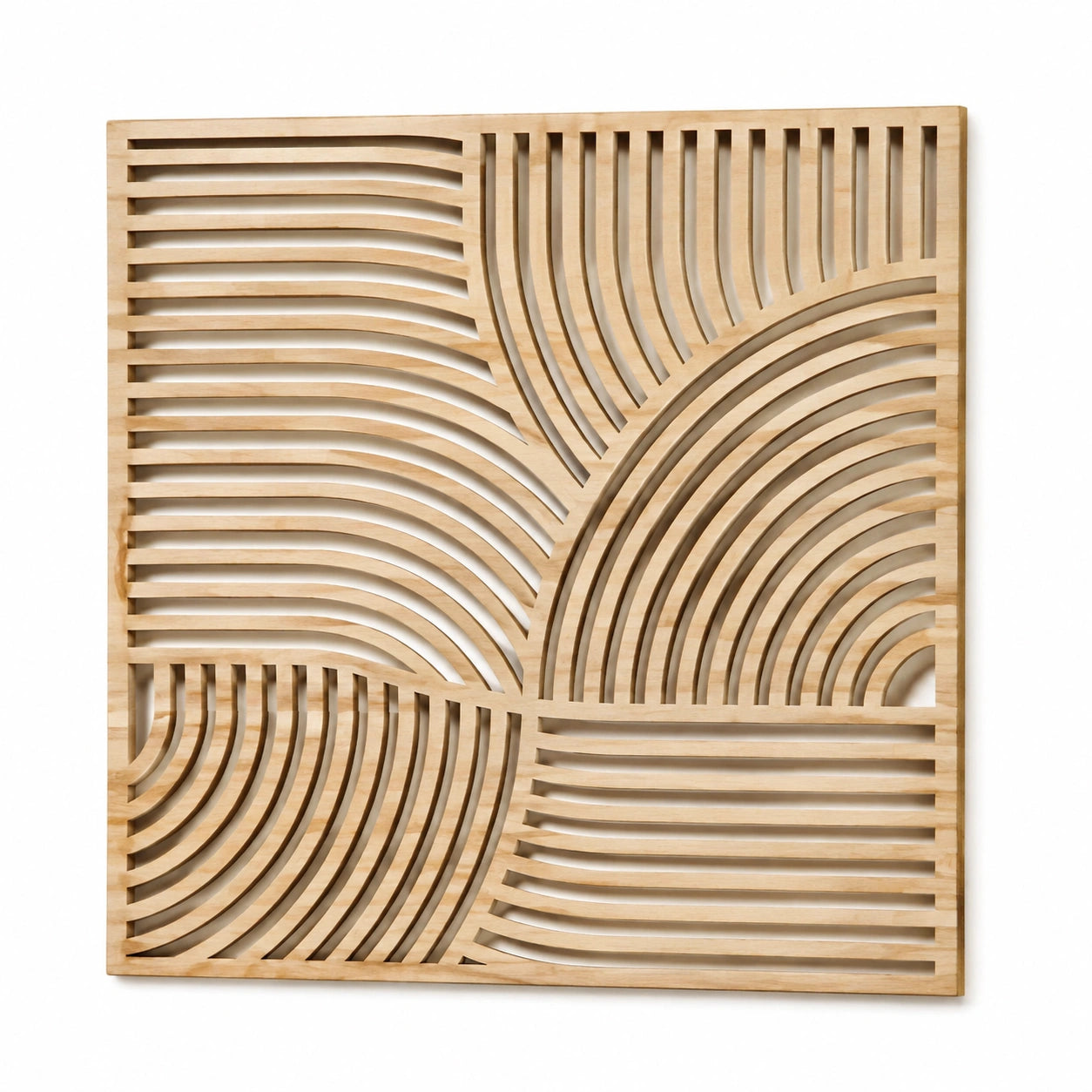 Wanddekoration 80 x 80 cm aus Holz natur mit geschwungenem Lamellenmuster