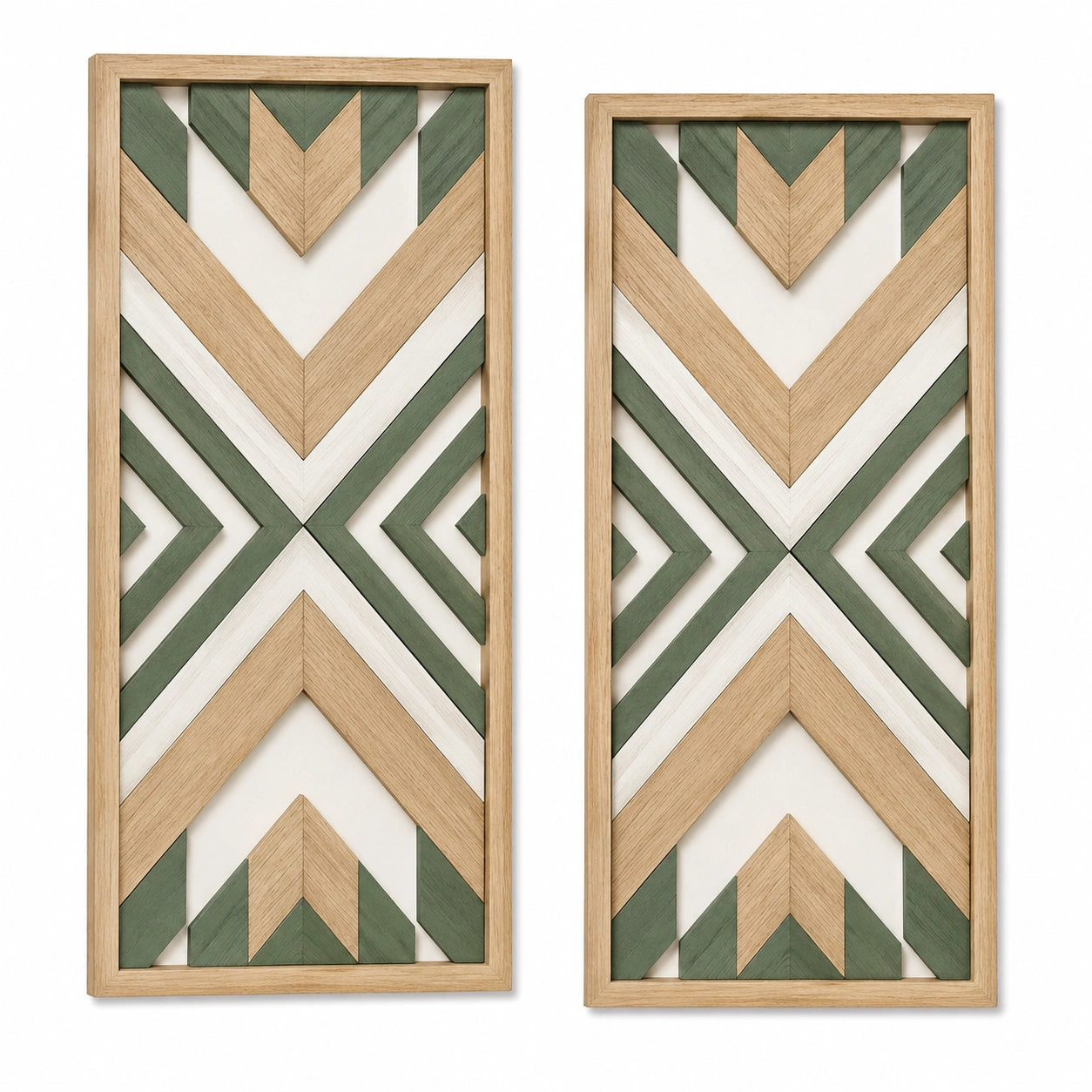 Wanddekoration aus Holz 30 x 90 cm Natur Grün Weiß geometrisches Muster 2er Set