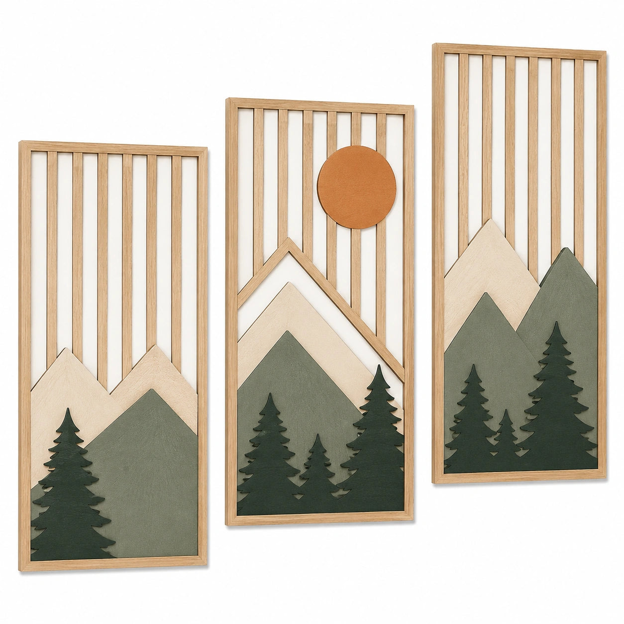 Wanddekoration 3er Set 30 x 70 cm Holz Naturholz Grün Bergmotiv skandinavischer Stil