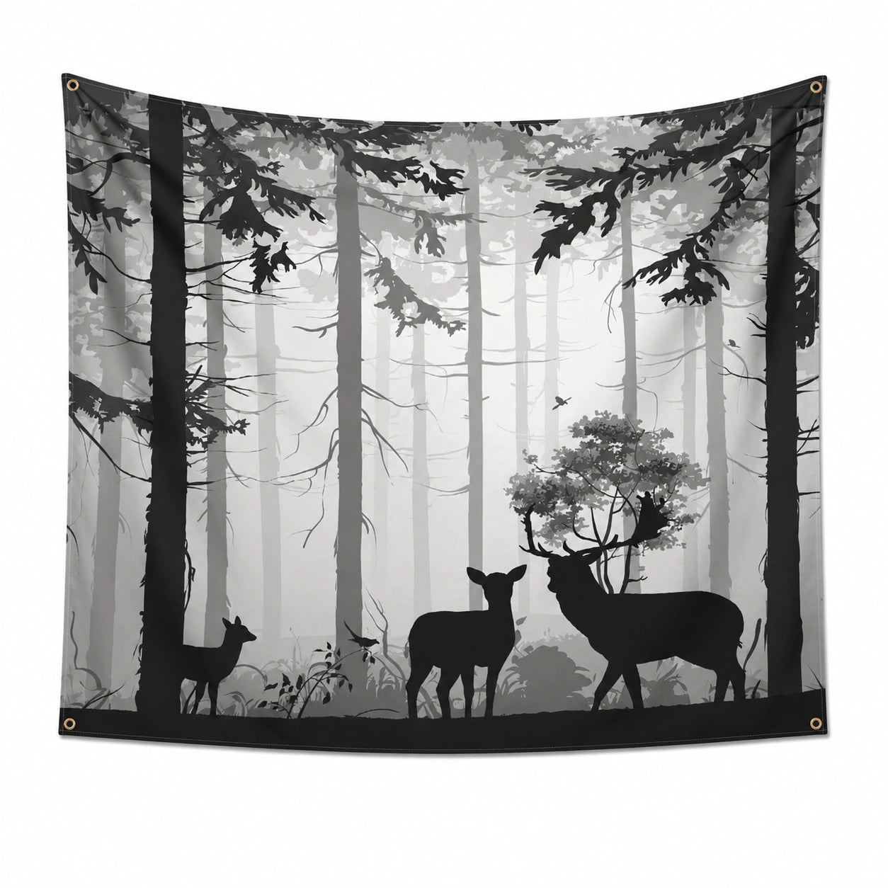 Wandteppich 150 x 130 cm Polyester Grau Schwarz Waldmotiv mit Ösen