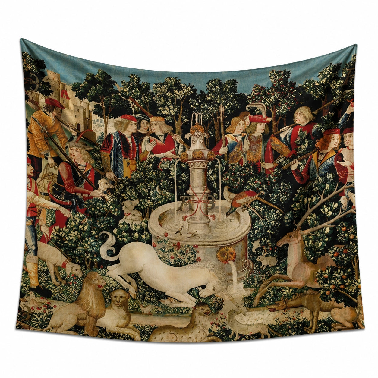 Wandteppich 150 x 130 cm Polyester Mehrfarbig Jagdszene Dekorative Wandgestaltung
