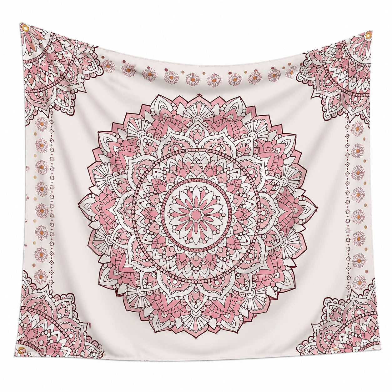 Wandteppich 150 x 150 cm aus Polyester in Rosa Weiß mit Mandala Muster