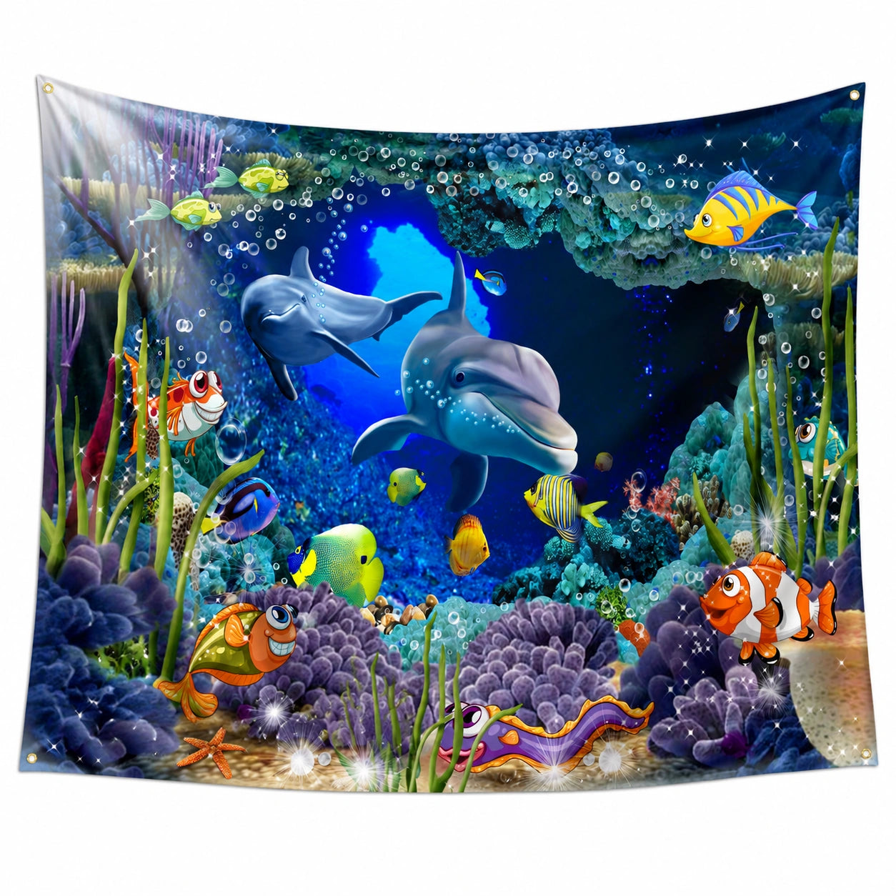 Wandteppich 150 x 130 cm aus Polyester Blau mit Unterwasserwelt für Kinderzimmer
